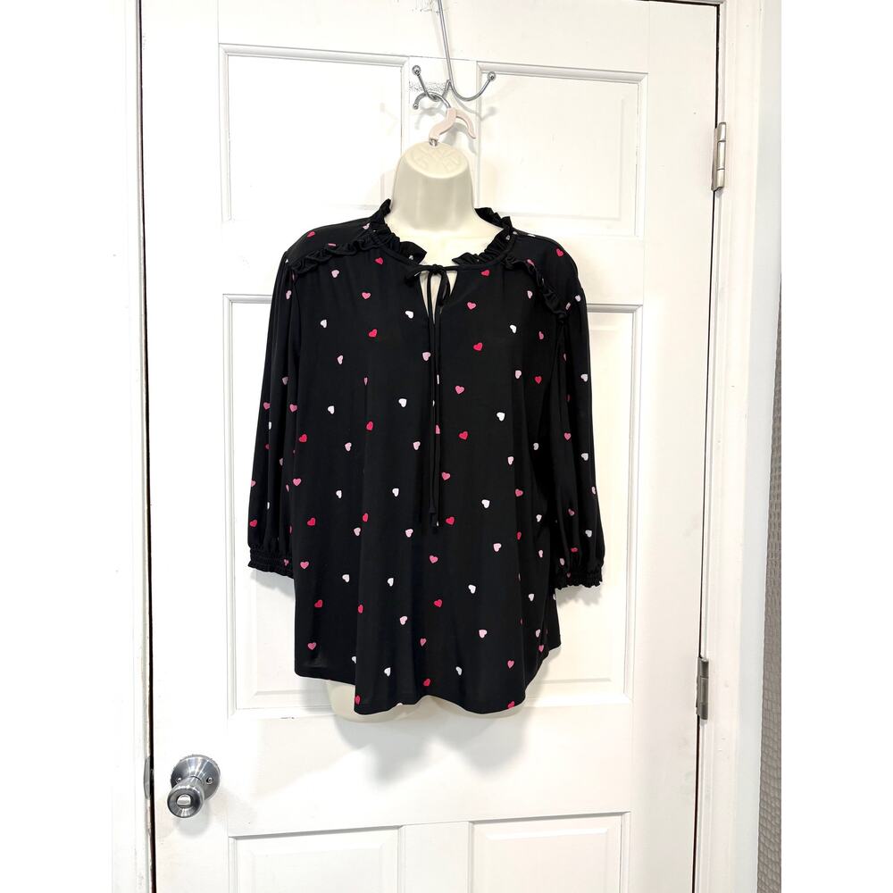 Cocomo Silky Heart Print Blouse Sz PXL Black Pink‎ 3/4 Sleeve Ruffle Tie Front